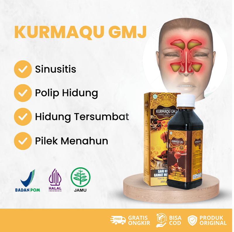 Kurmaqu GMJ Untuk Sinusitis, Polip Hidung, Hidung Tersumbat, Sakit Kepala, Rhinitis, Pilek Menahun – BPOM dan Halal MUI